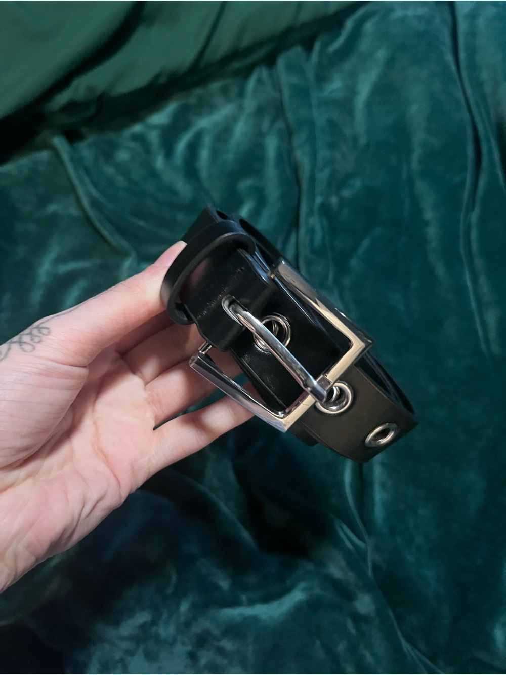 Men's Black Leather Belt with Silver Hardware